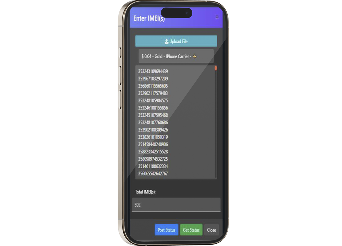IMEI Sol bulk IMEI upload and status screen